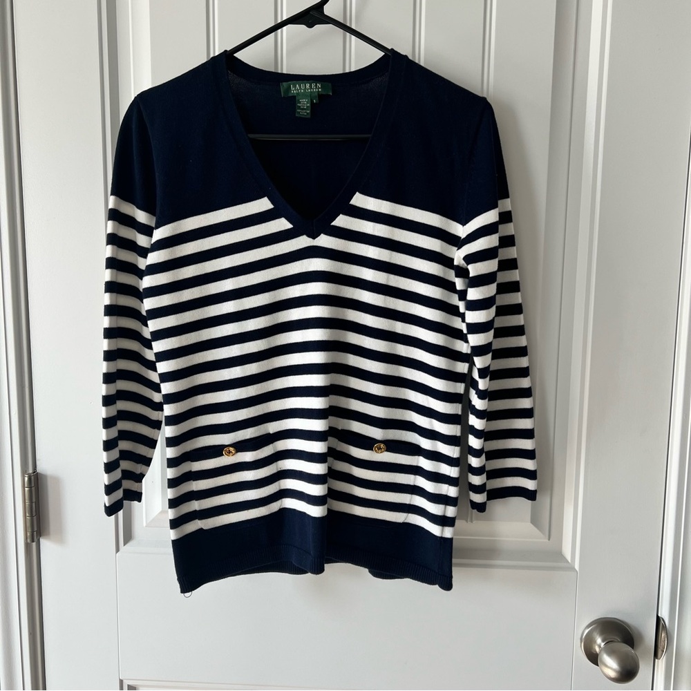Ralph Lauren Navy and White Striped Women's Sweater - Size S